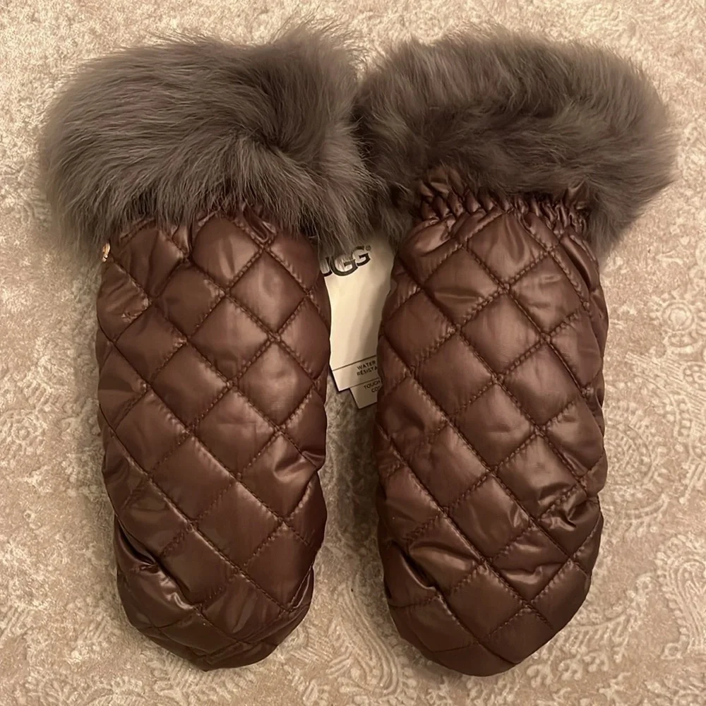 Brand New UGG Quilted All Weather Touchscreen Mittens Leather Palm Real Fur Cuff